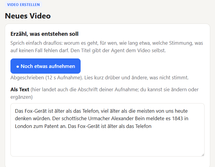 Neues Video: frei sprechen, die Abschrift erscheint als Text
